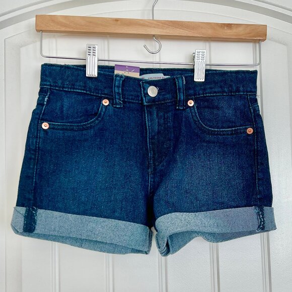 NWT Levi's Girls' Kids Girlfriend Dark Blue Cuffed Stretch Midrise Shortie Sz 10 - Picture 1 of 5
